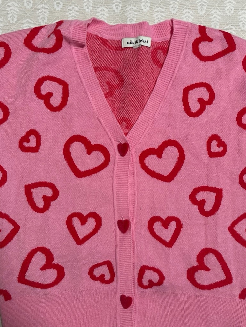 nik&lksi Pink and Red Heart-Print V-Neck Cardigan